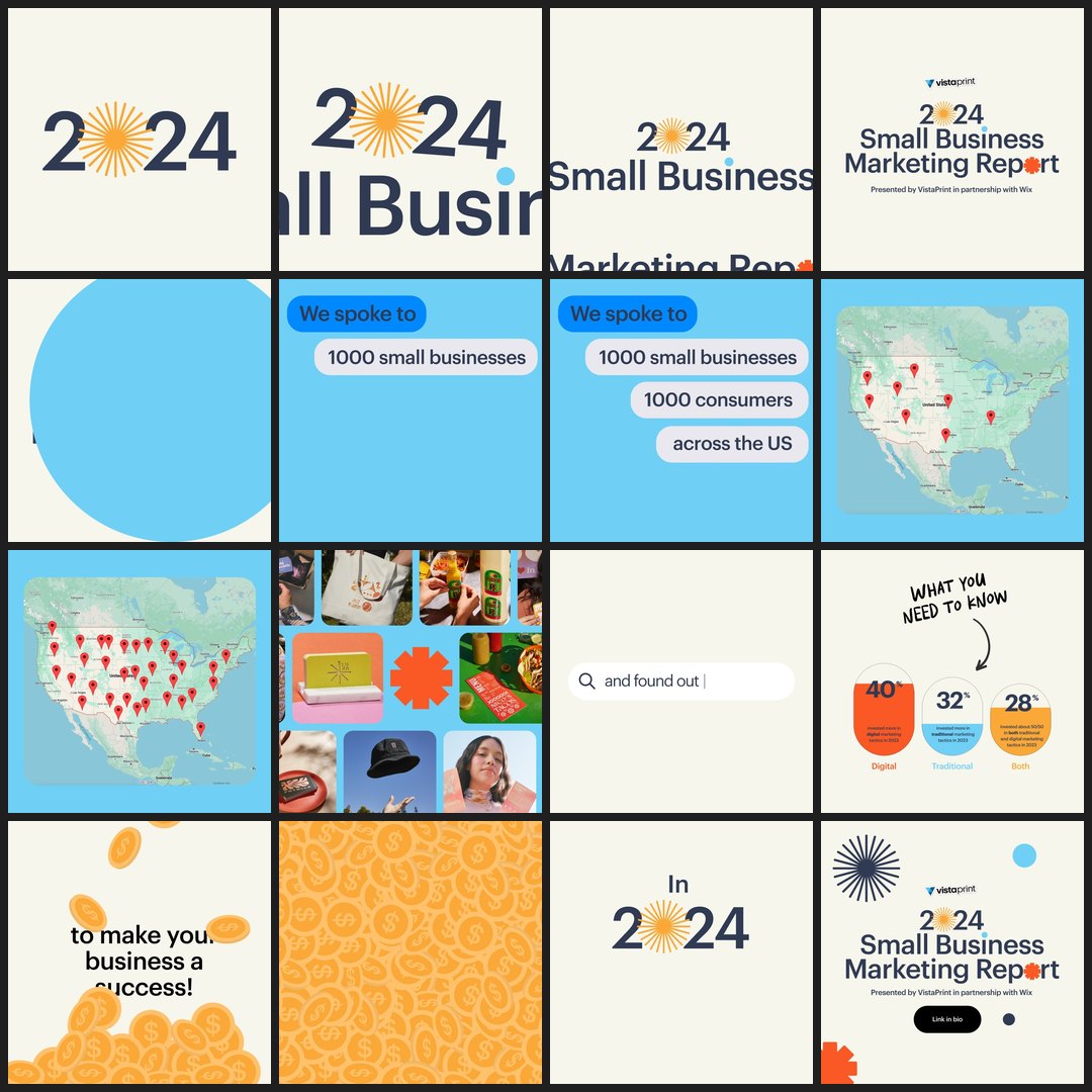 Storyboard: sixteen key frames of the Instagram banner animation