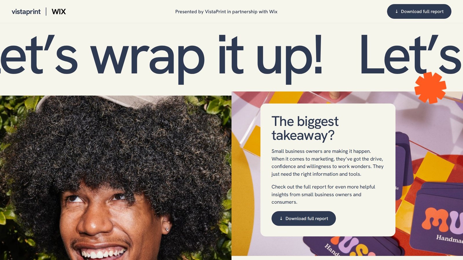 Let's wrap it up: big type, a smiling owner and the takeaway card