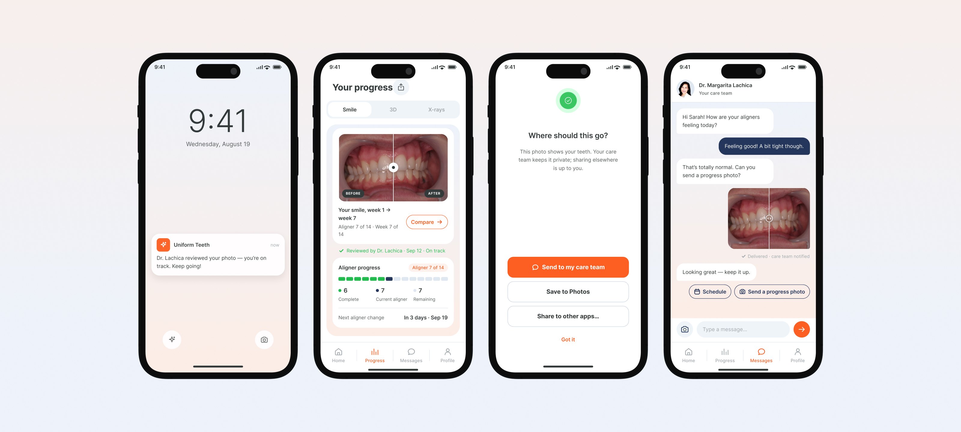 Progress flow: the doctor's review push, Progress with before/after and review stamp, the privacy step, the photo sent to the care team