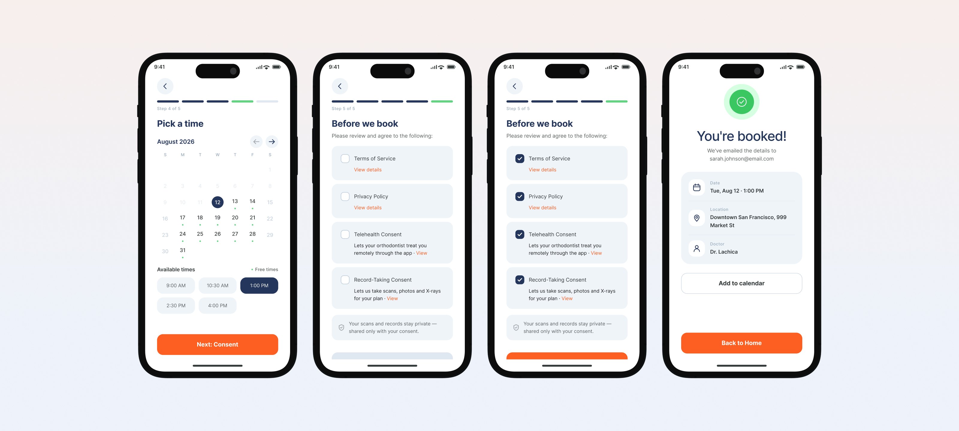 Consent flow: pick a time, four itemised consents, all checked, you're booked