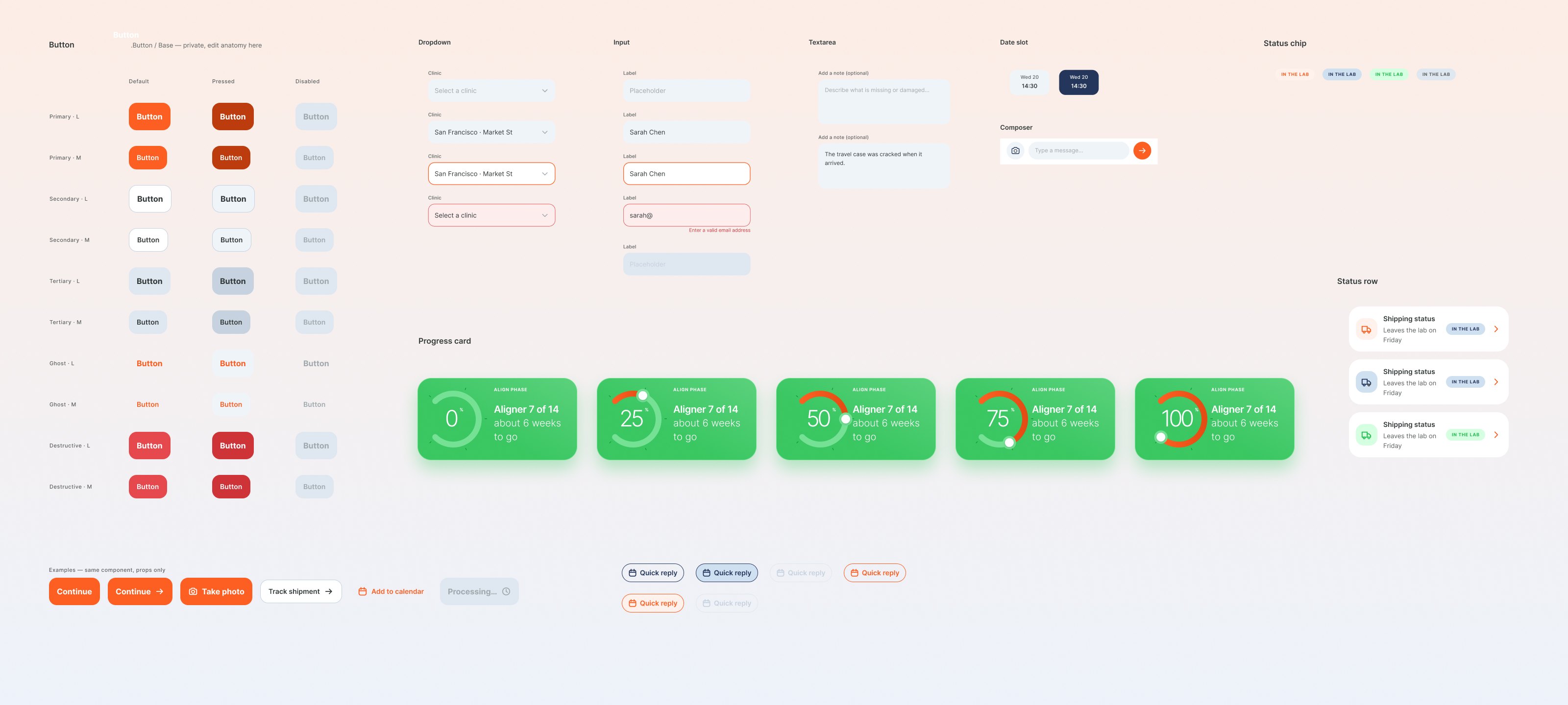 Design system: buttons, form fields, progress-card variants, status chips and quick replies