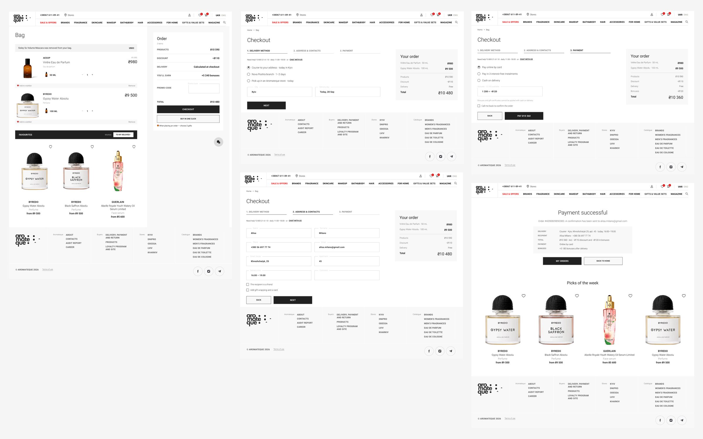 Checkout: bag, delivery, address and contacts, payment, order placed
