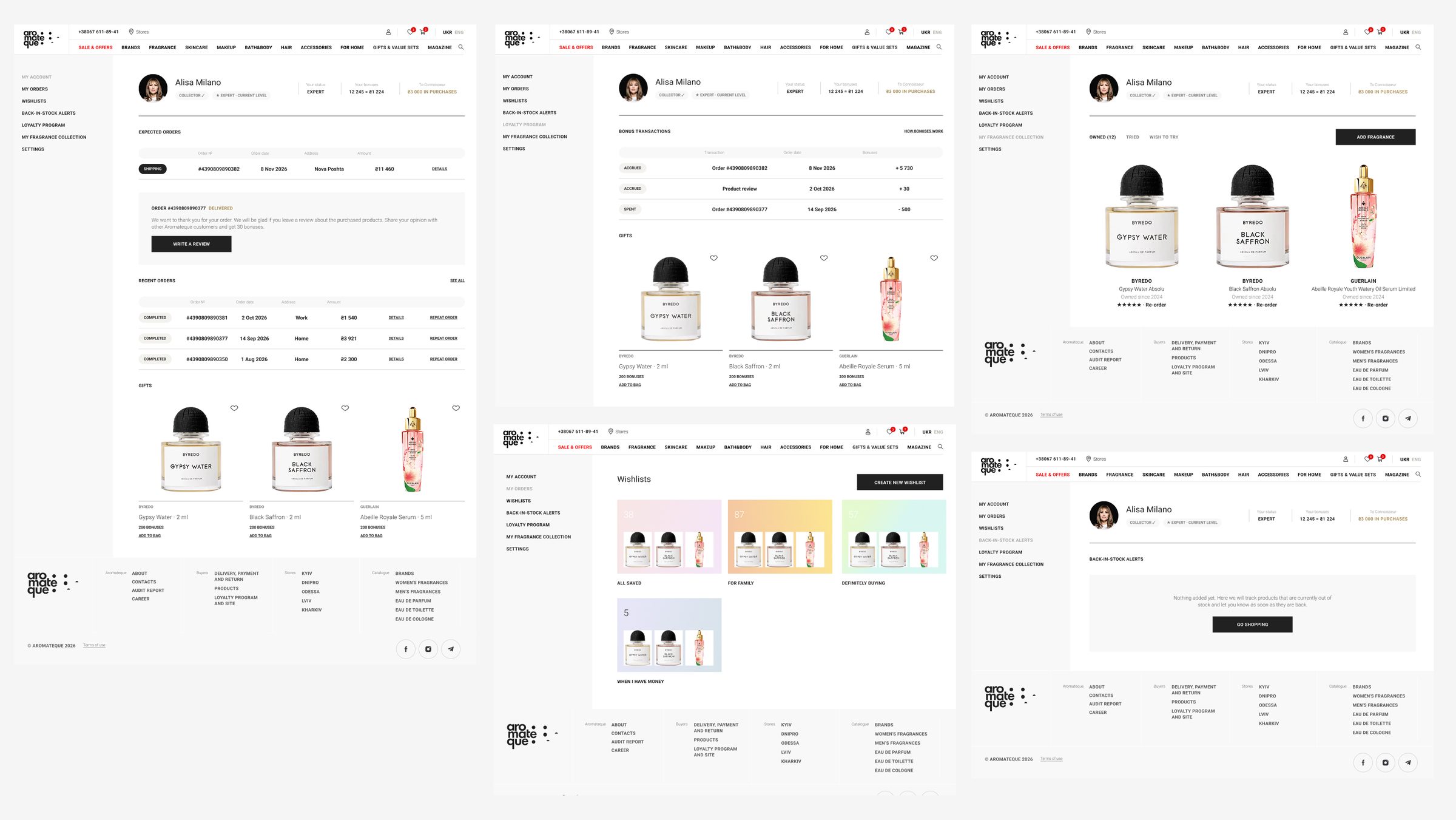 Coming back: my account, loyalty, wishlists, my fragrance collection, back-in-stock alerts